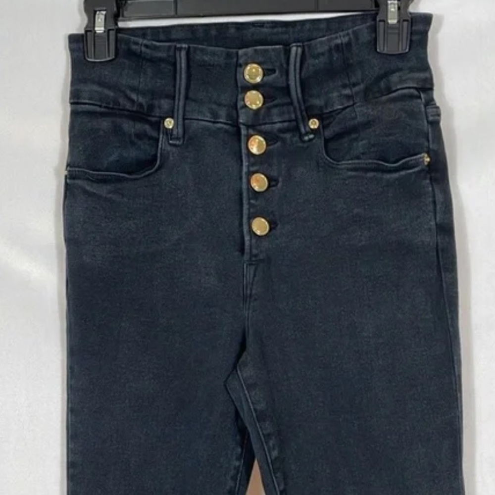 Good American Black Skinny Jeans with Gold Buttons